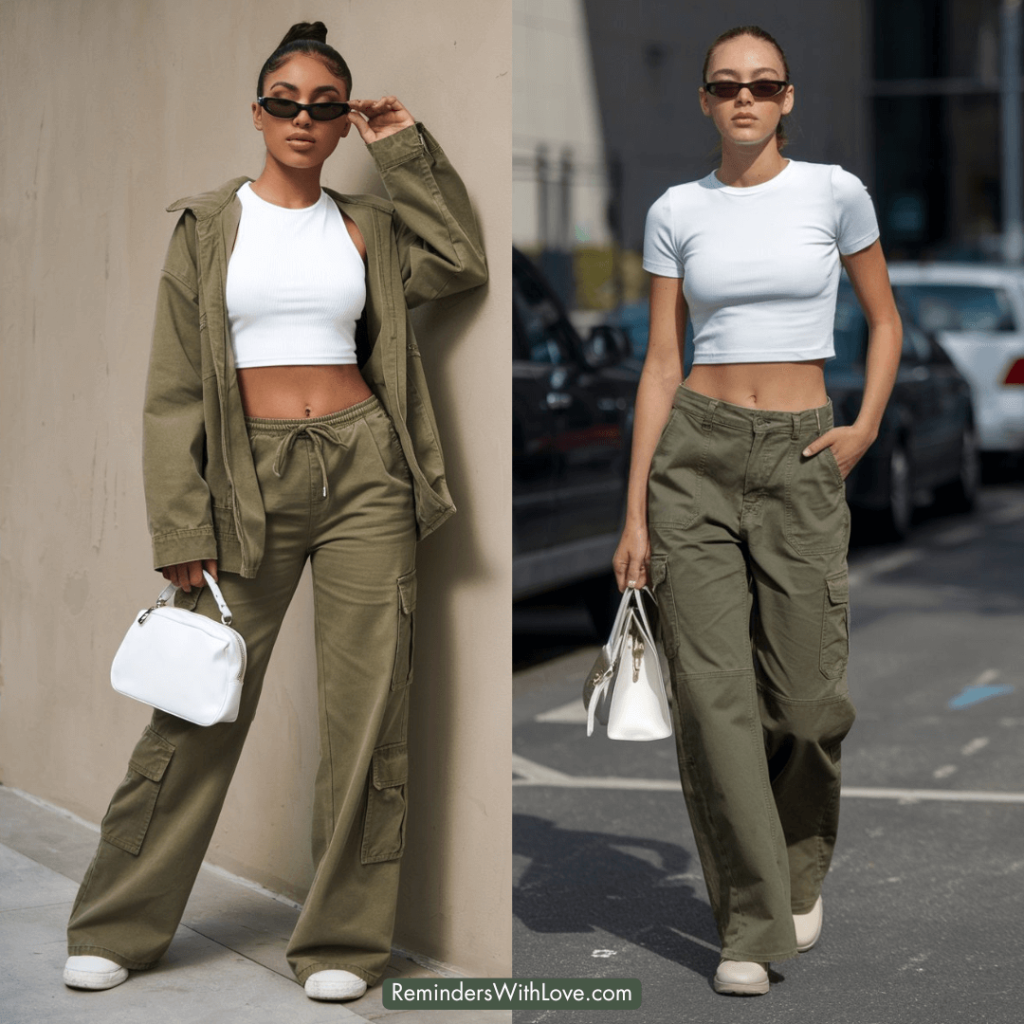 White Cropped Top with Military Green Cargo Pants