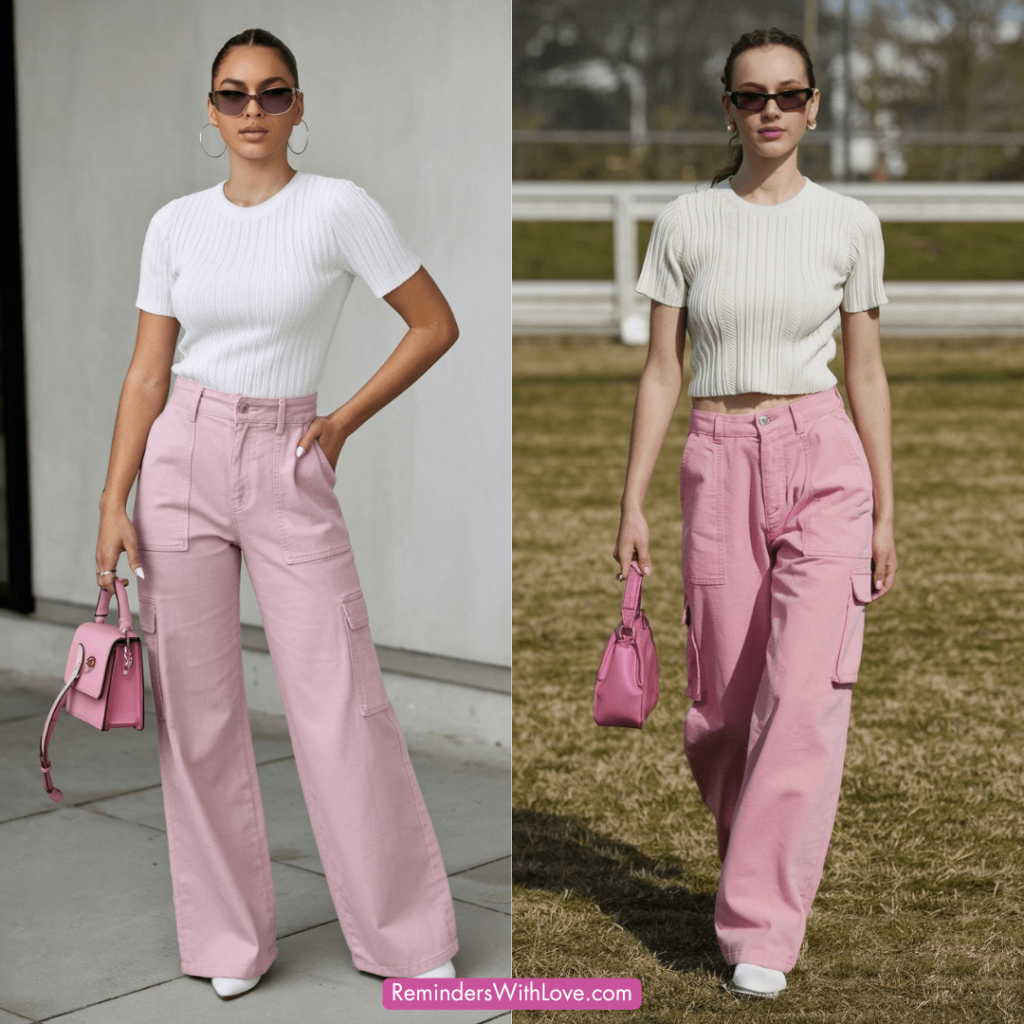 The Ribbed Pleated T-Shirt with Pink Accordion Pocket Casual Pants